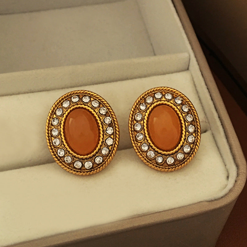 [DF]Gold-plated S925 silver needle European and American personality antique oval earrings temperament high sense zircon earrings