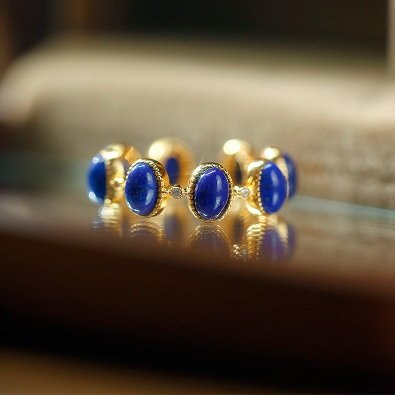 S925 Silver Gold Plated Lapis Lazuli Cabochon Stylish Open Adjustable Ring