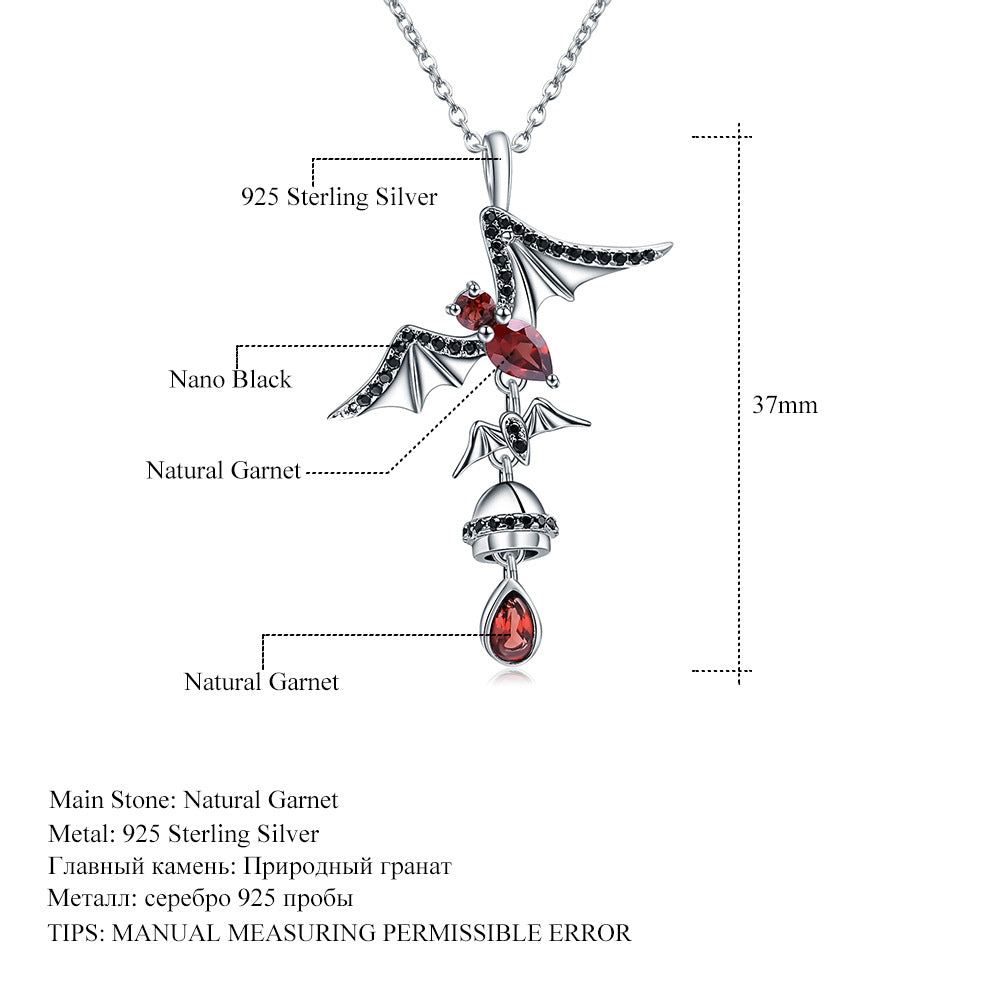 Bat design s925 sterling silver inlaid natural garnet necklace pendant