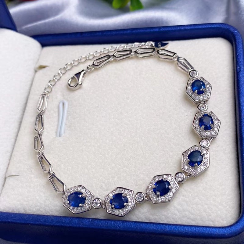 Pulsera de zafiro natural engastada con joyas clásicas de mujer en plata S925