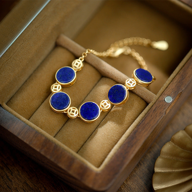 S925 Silver Plated Gold Inlaid Natural Lapis lazuli Round Brand Bracelet