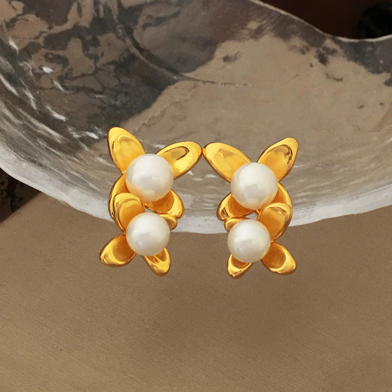 [DF]Original S925 silver needle high sense niche design Pearl earrings temperament new online celebrity plated gold earrings.