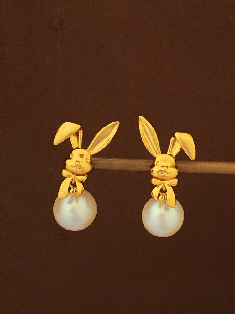 [DF]Self-designed S925 silver needle Korea cute rabbit earrings temperament lady Pearl earrings fashion earrings.