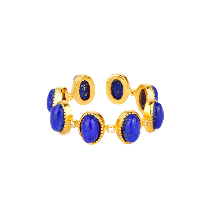 Bague ajustable ouverte et élégante avec cabochon Lapis Lazuli plaqué or et argent S925