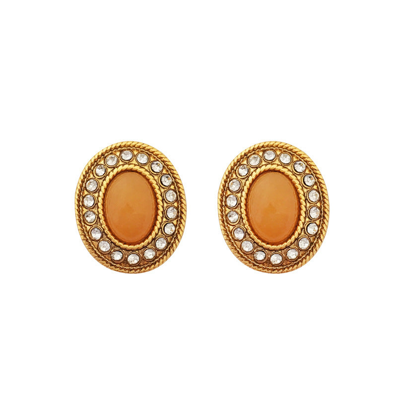 [DF]Gold-plated S925 silver needle European and American personality antique oval earrings temperament high sense zircon earrings