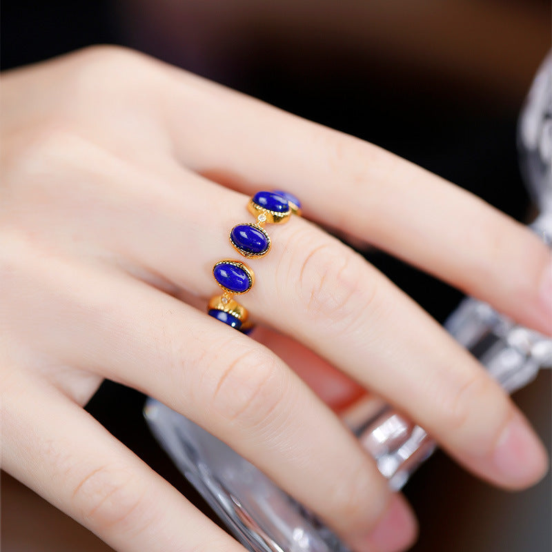 S925 Silver Gold Plated Lapis Lazuli Cabochon Stylish Open Adjustable Ring