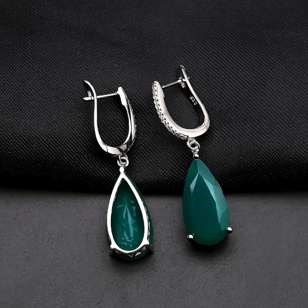 Luxury and luxurious green agate earrings with fashionable temperament s925 sterling silver inlaid natural gemstone earrings and earrings