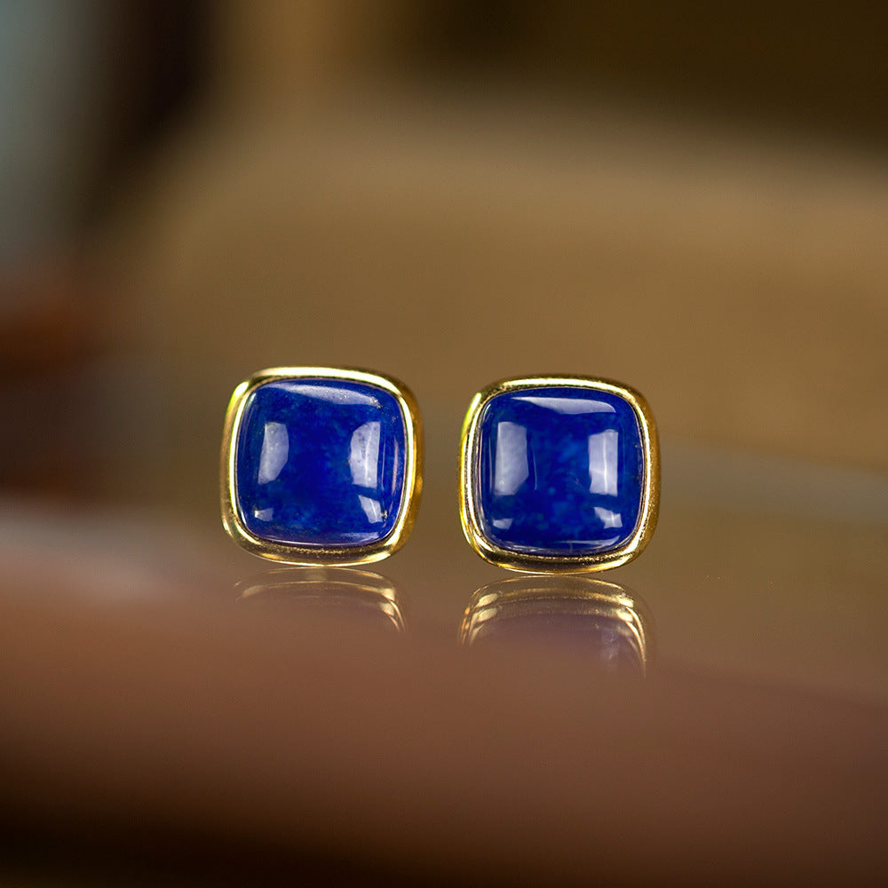 S925 silver gold-plated lapis lazuli stud earrings sugar cube