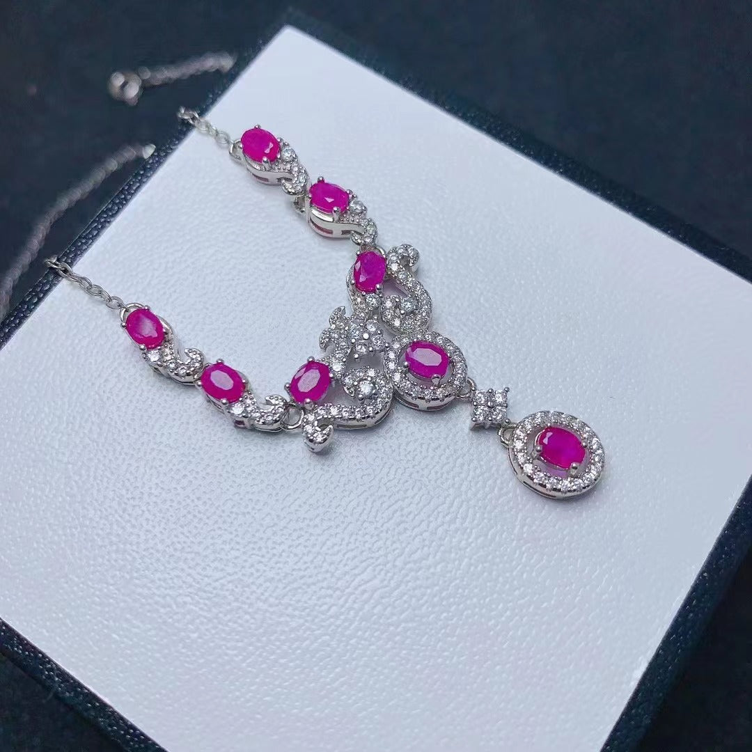 [DF]925 Silver Necklace with Natural Burmese Ruby - Vintage Elegance for Engagements and Weddings