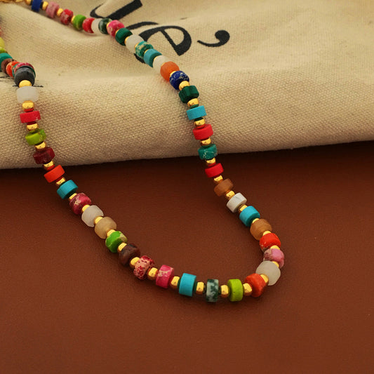 [DF]Temperament retro Bohemian necklace personality contrast beaded necklace fashion clavicle chain female