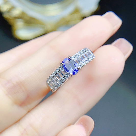 Bague Tanzanite naturelle en argent S925, sertie de pierre principale 4*6