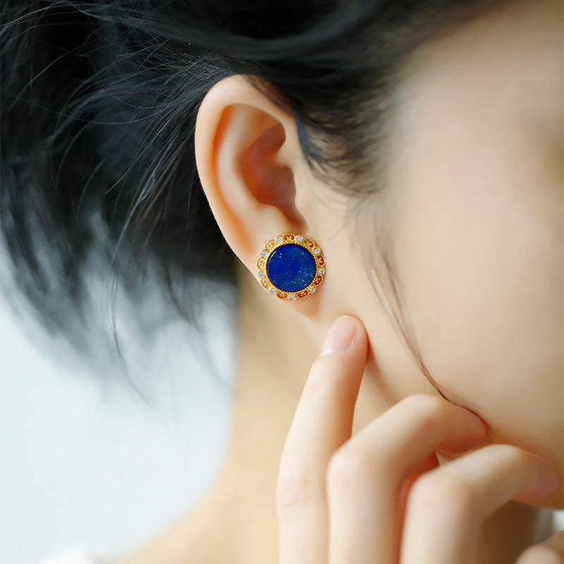 S925 silver plated gold inlaid natural lapis lazuli circular earrings and earrings