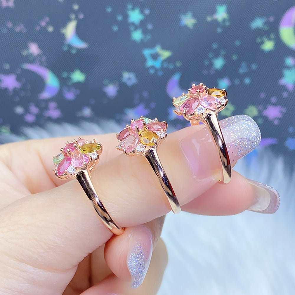 Natural Brazilian tourmaline flower ring feminine versatile light luxury ring s925 sterling silver gemstone