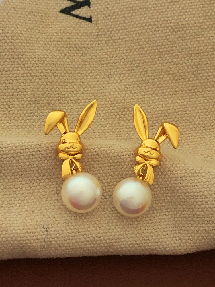 [DF]Self-designed S925 silver needle Korea cute rabbit earrings temperament lady Pearl earrings fashion earrings.