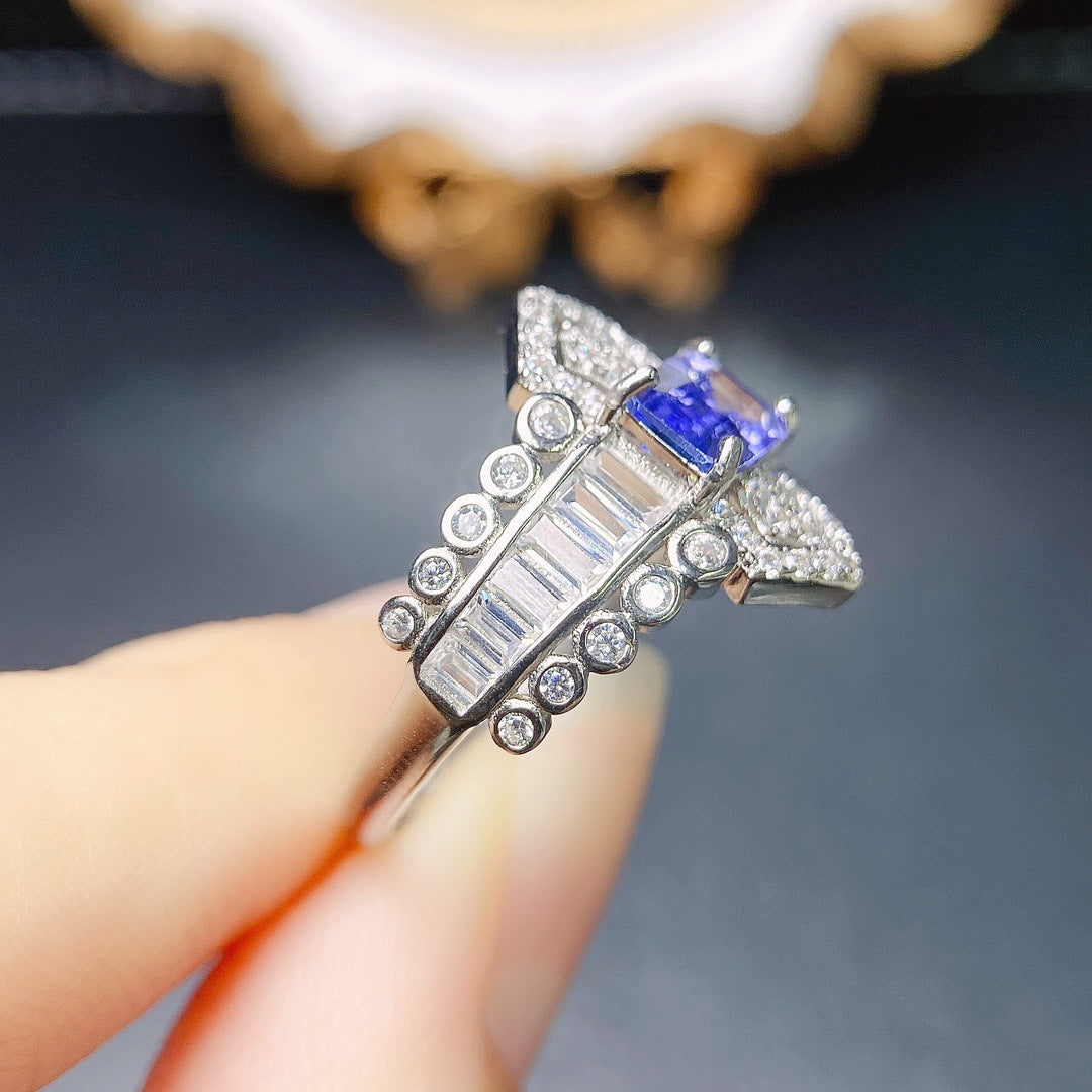 Bague Tanzanite naturelle en argent S925, sertie de pierre principale 4*6