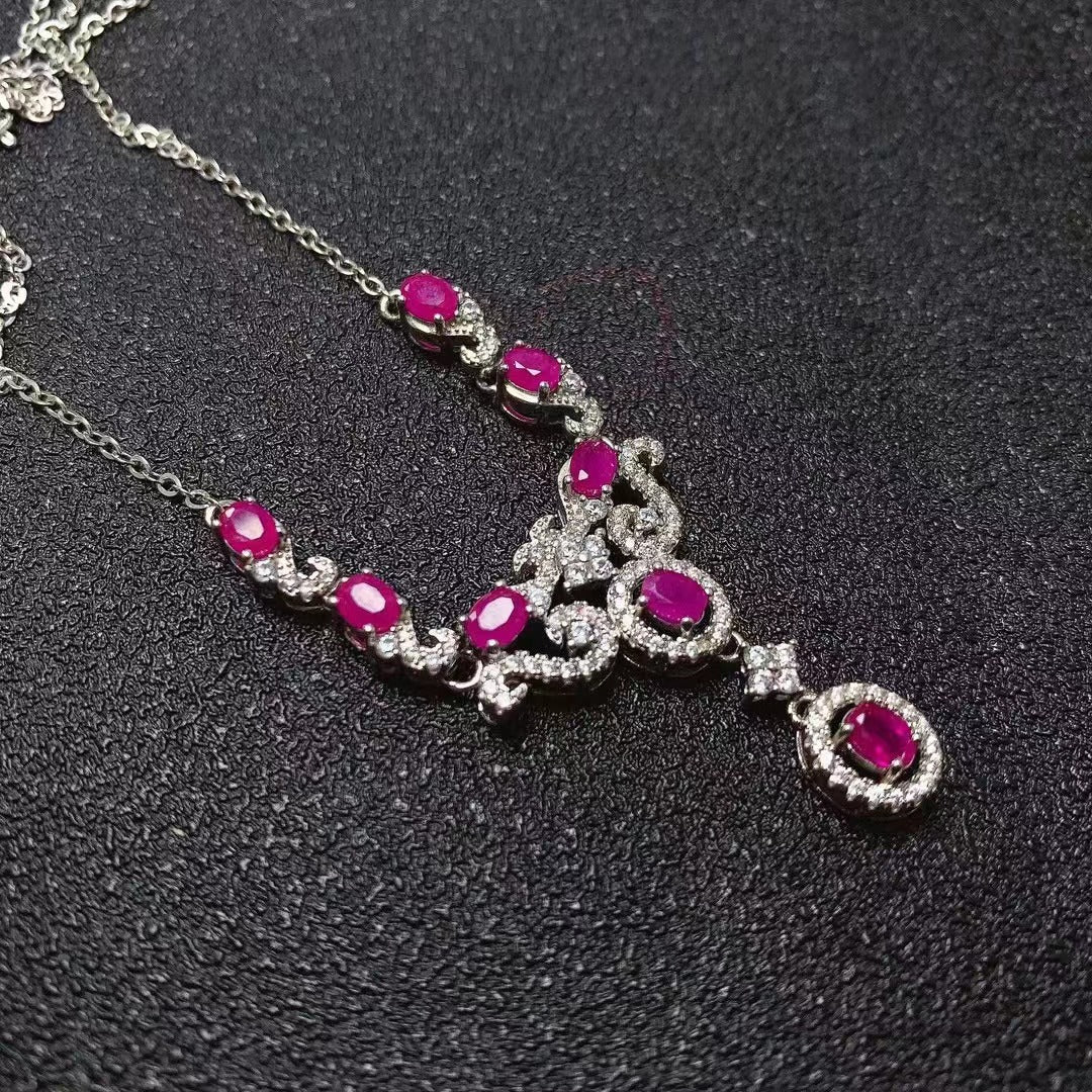 [DF]925 Silver Necklace with Natural Burmese Ruby - Vintage Elegance for Engagements and Weddings