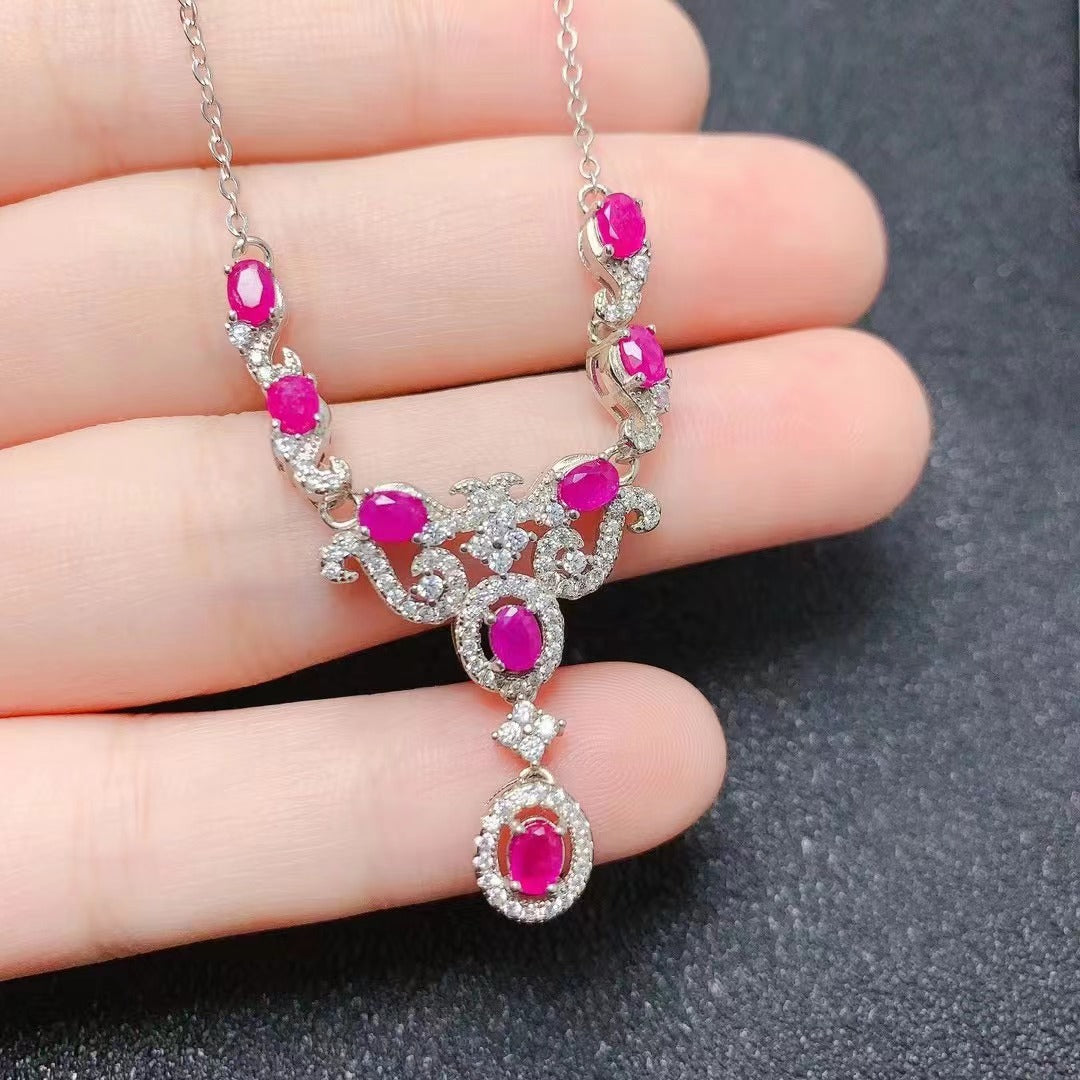 [DF]925 Silver Necklace with Natural Burmese Ruby - Vintage Elegance for Engagements and Weddings