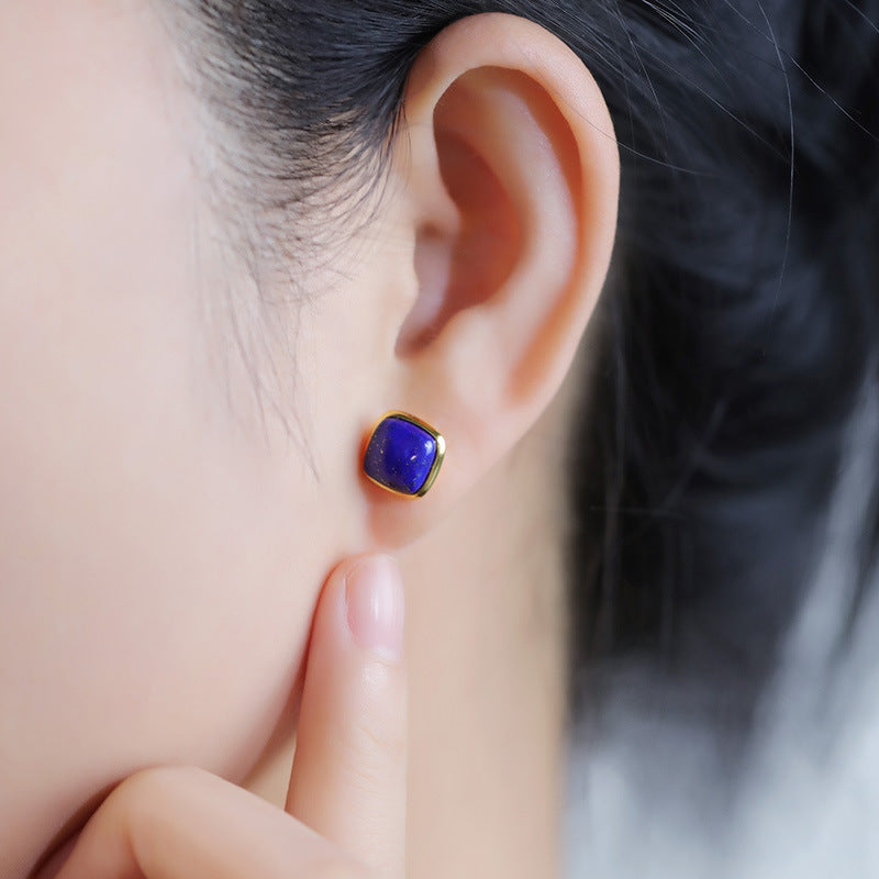 S925 silver gold-plated lapis lazuli stud earrings sugar cube