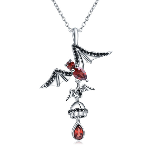 Collier avec pendentif en argent sterling s925, design chauve-souris, incrusté de grenat naturel