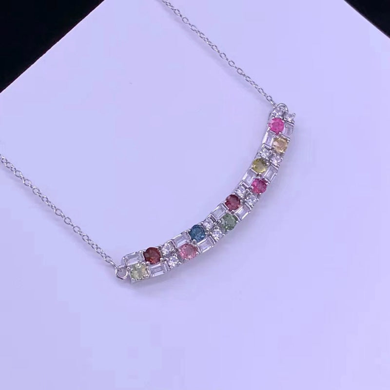 Colored crystal natural tourmaline pendant set with S925 silver fashion chain for women