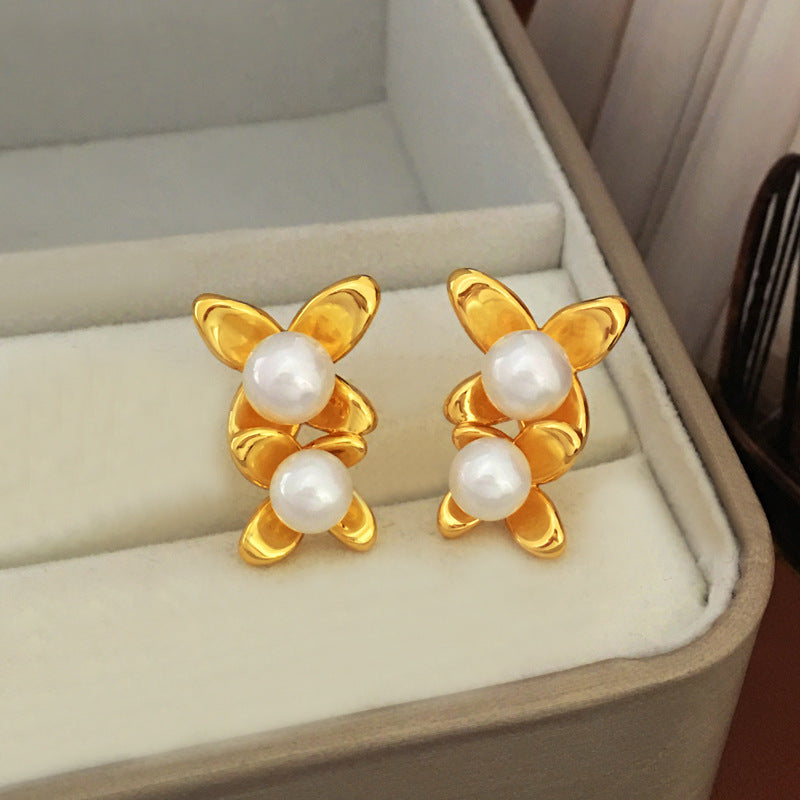 [DF]Original S925 silver needle high sense niche design Pearl earrings temperament new online celebrity plated gold earrings.