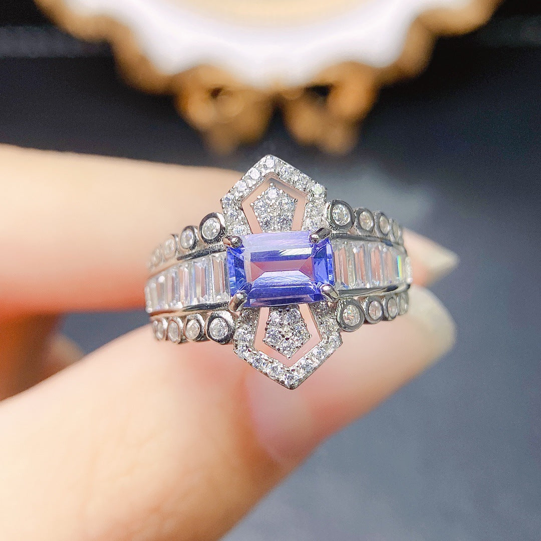 Bague Tanzanite naturelle en argent S925, sertie de pierre principale 4*6