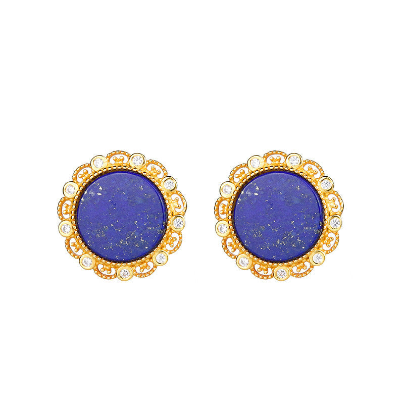 Boucles d'oreilles et boucles d'oreilles circulaires en lapis-lazuli naturel incrusté d'or plaqué argent S925