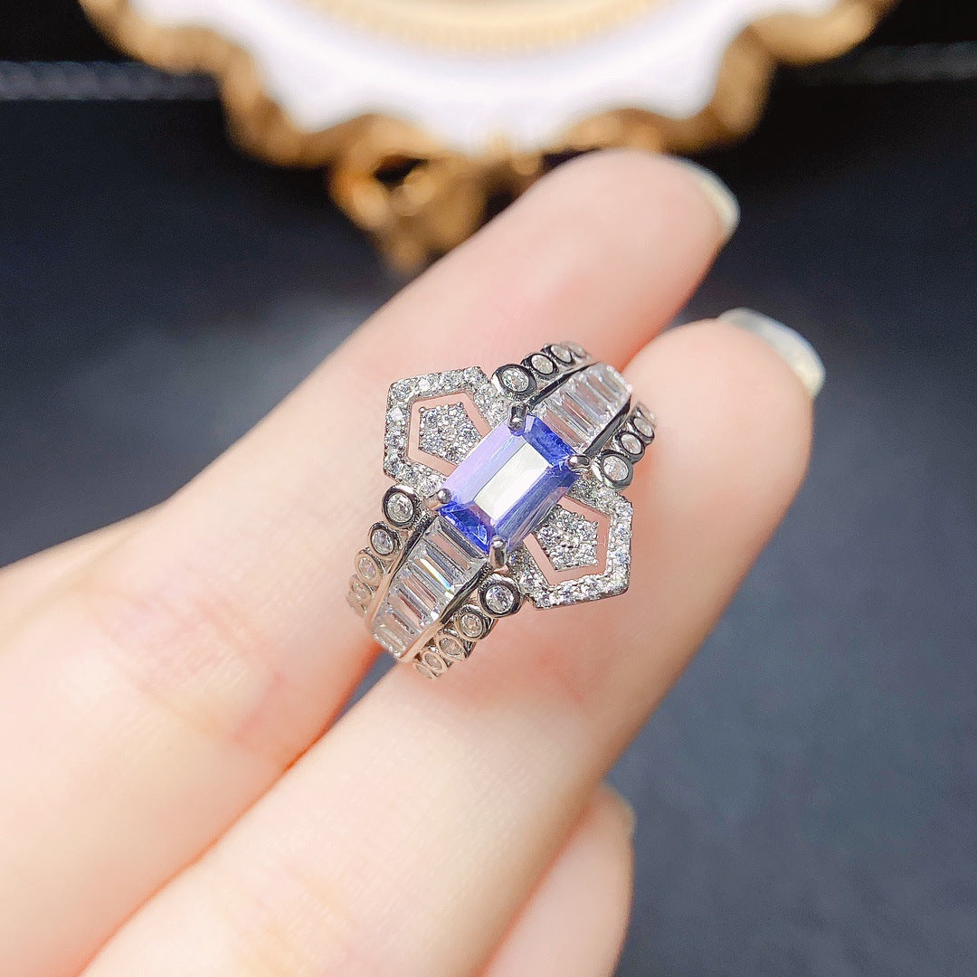 Natural Tanzanite ring S925 silver set main stone 4*6