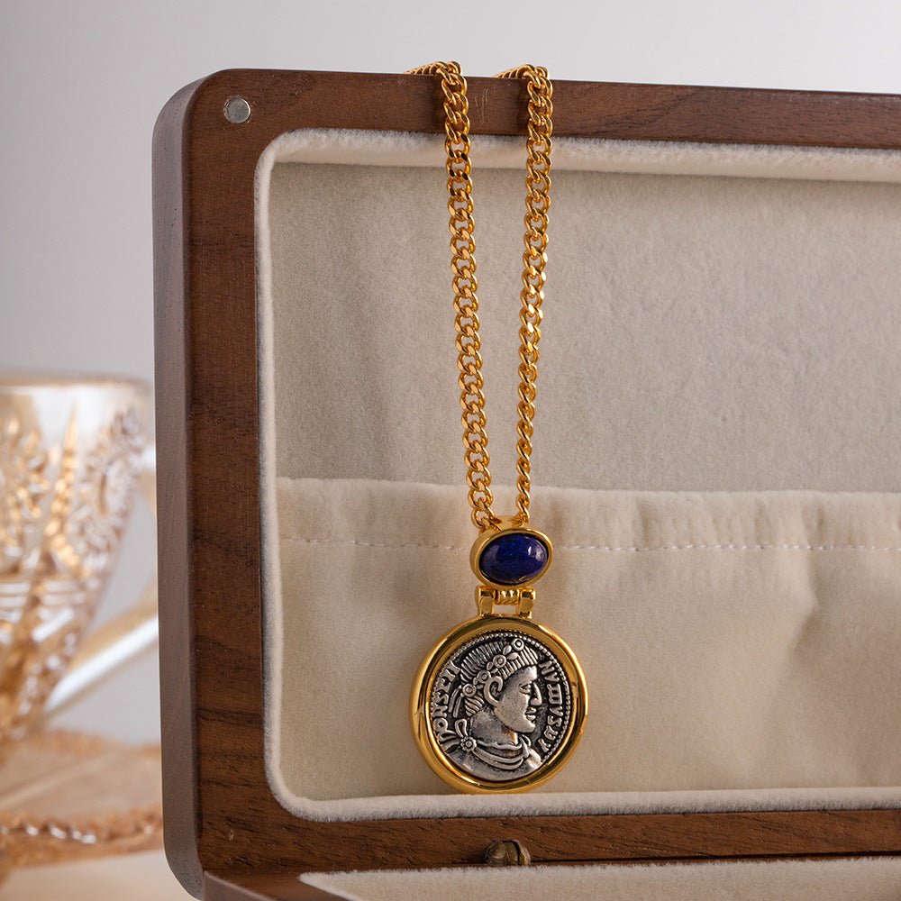 vintage French vintage necklace Ancient coins inlaid with lapis lazuli to make old portrait necklace