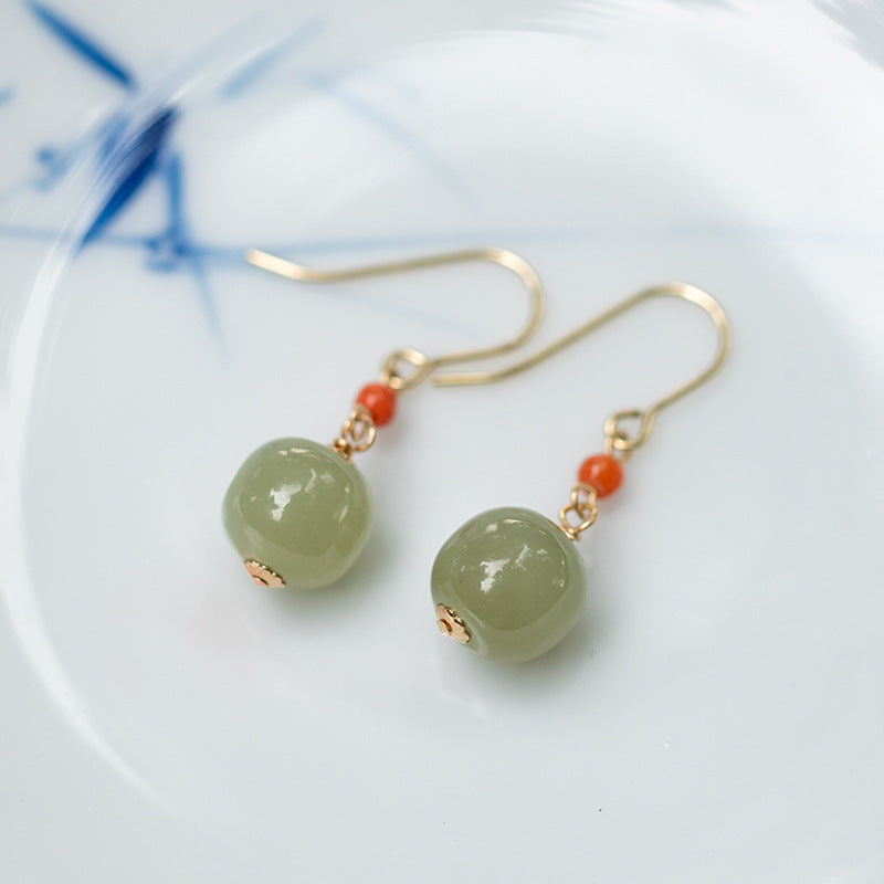 Natural Hotan Jade Blue Jade Earrings 14k Gold Wrapped with South Red Agate