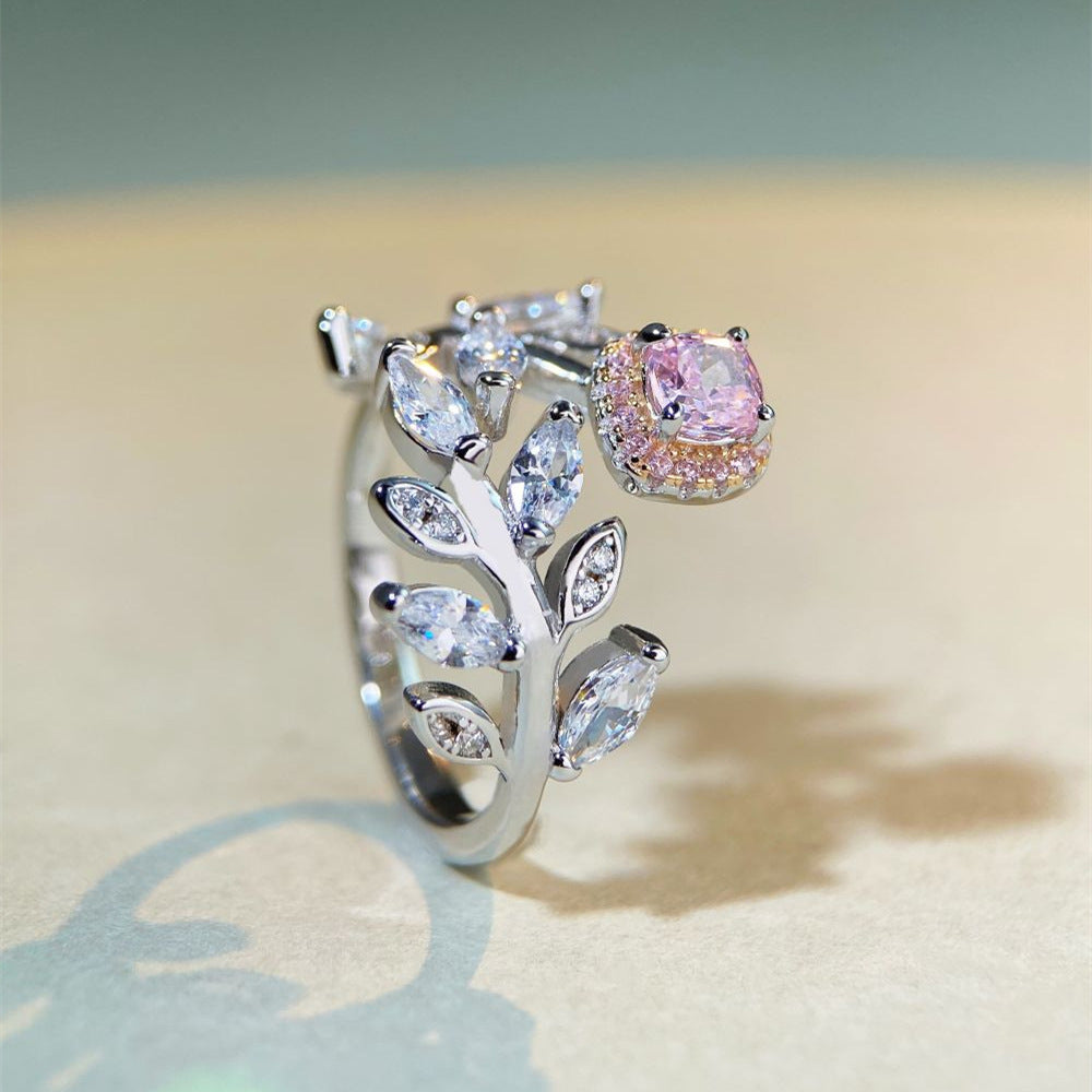 Bague en argent sterling 925 avec diamant rose avec ouverture réglable et anneau qui ne se décolore pas