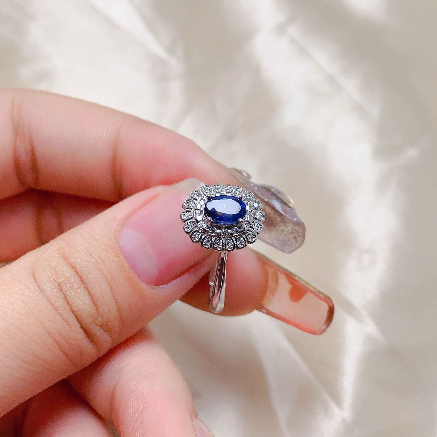 [DF]Natural Sri Lanka Sapphire Ring 925 silver setting fresh and simple