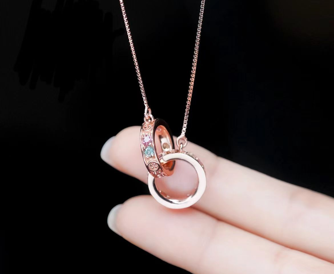 S925 Silver Natural Tourmaline Necklace with Interlocking Rings Pendant Light Luxury Women's Simple Small and Popular Ornaments Sterling Silver Gift