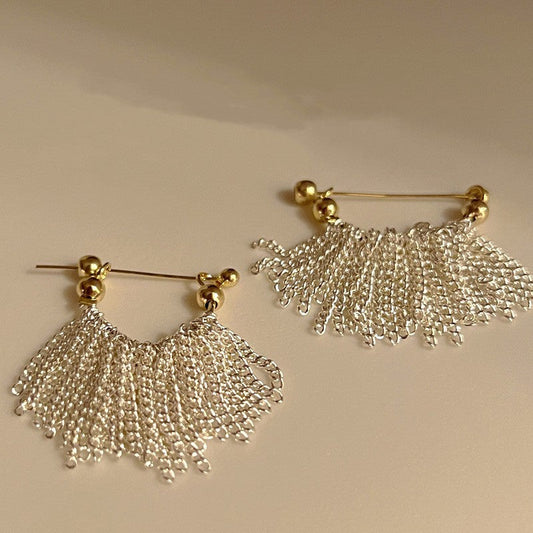 [DF]French court retro silver sea tassel earrings light luxury high-end temperament ear needles show face thin earrings silver needles