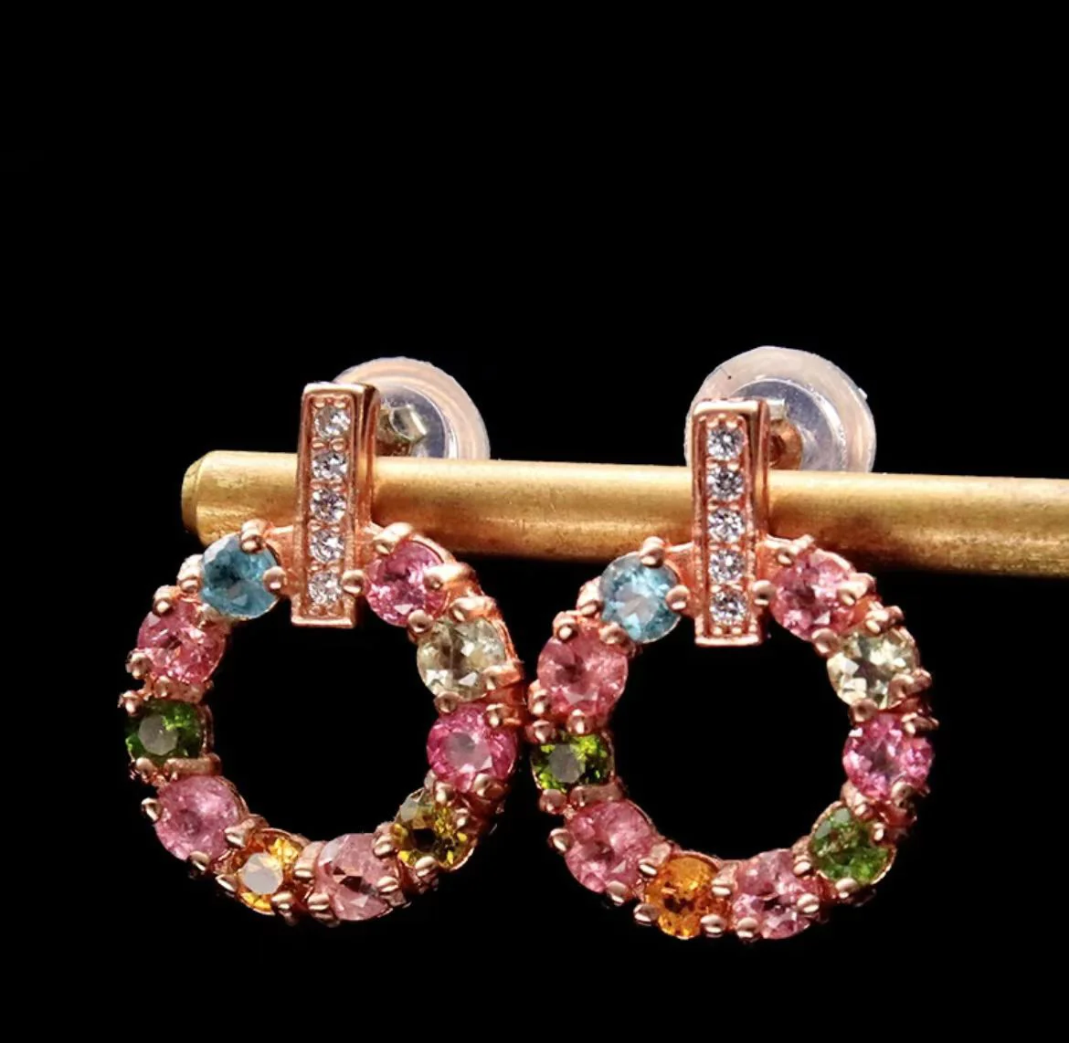 Candy donut tourmaline earrings female Joker niche earrings s925 sterling silver inlaid colorful jewelry